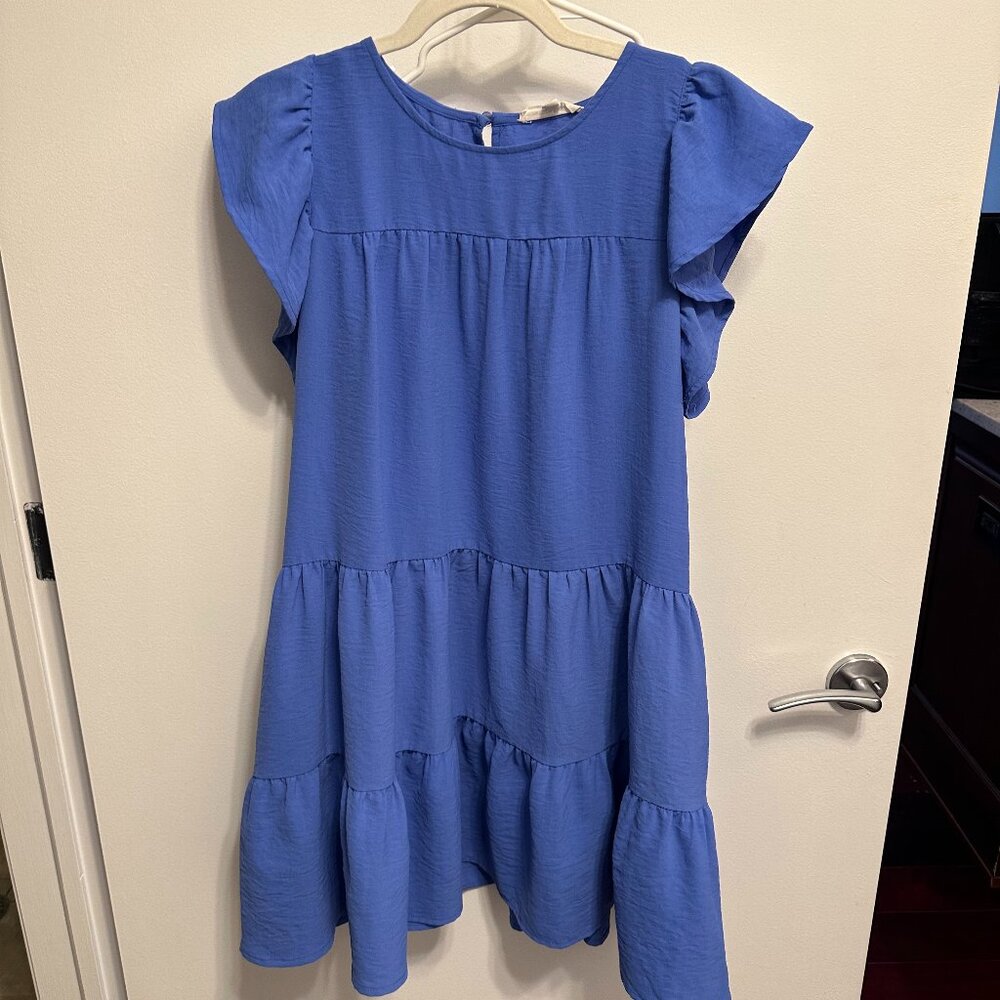 Blue Flowy Dress with Ruffle Shoulder